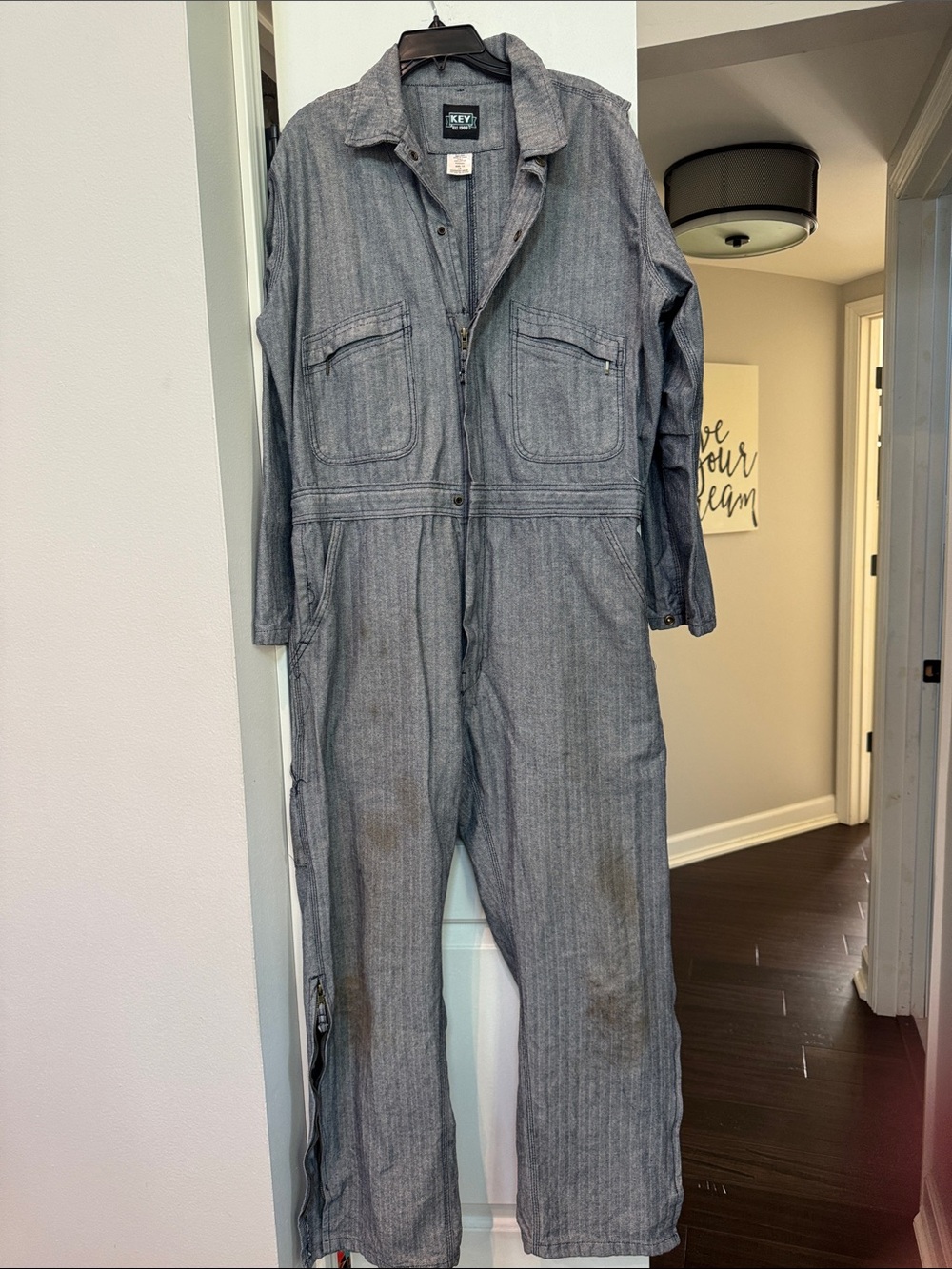 Key Vintage-Style Blue Herringbone Workwear Coverall Jumpsuit